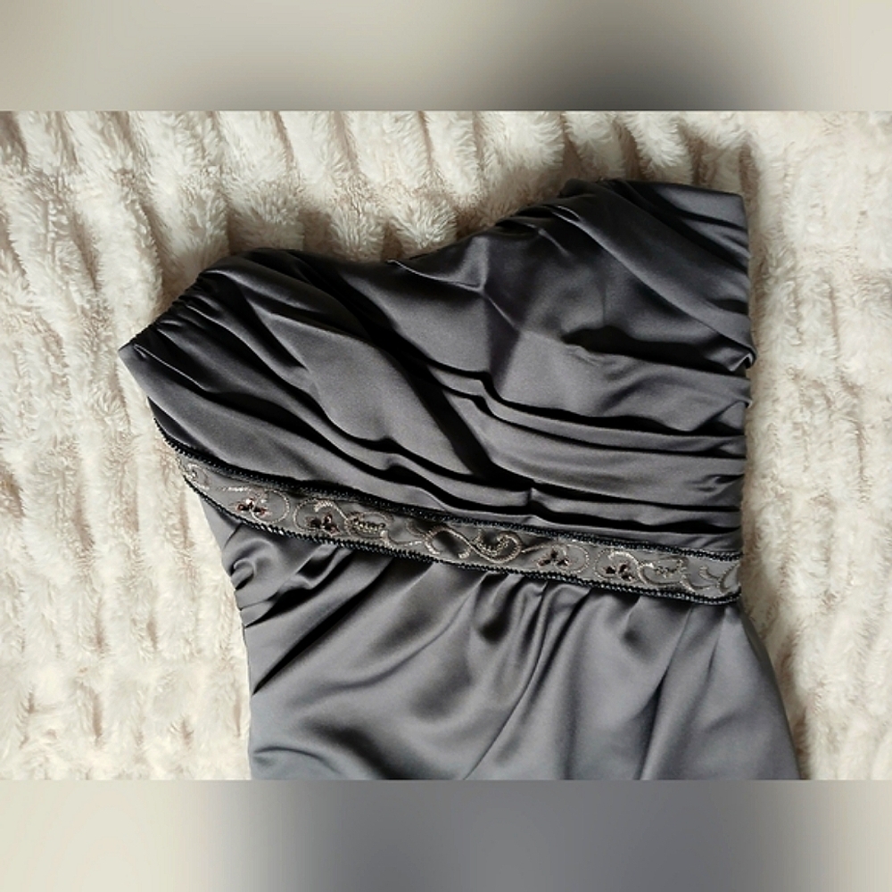 David's Bridal Elegant Smokey Gray Strapless Dress - Picture 2 of 12